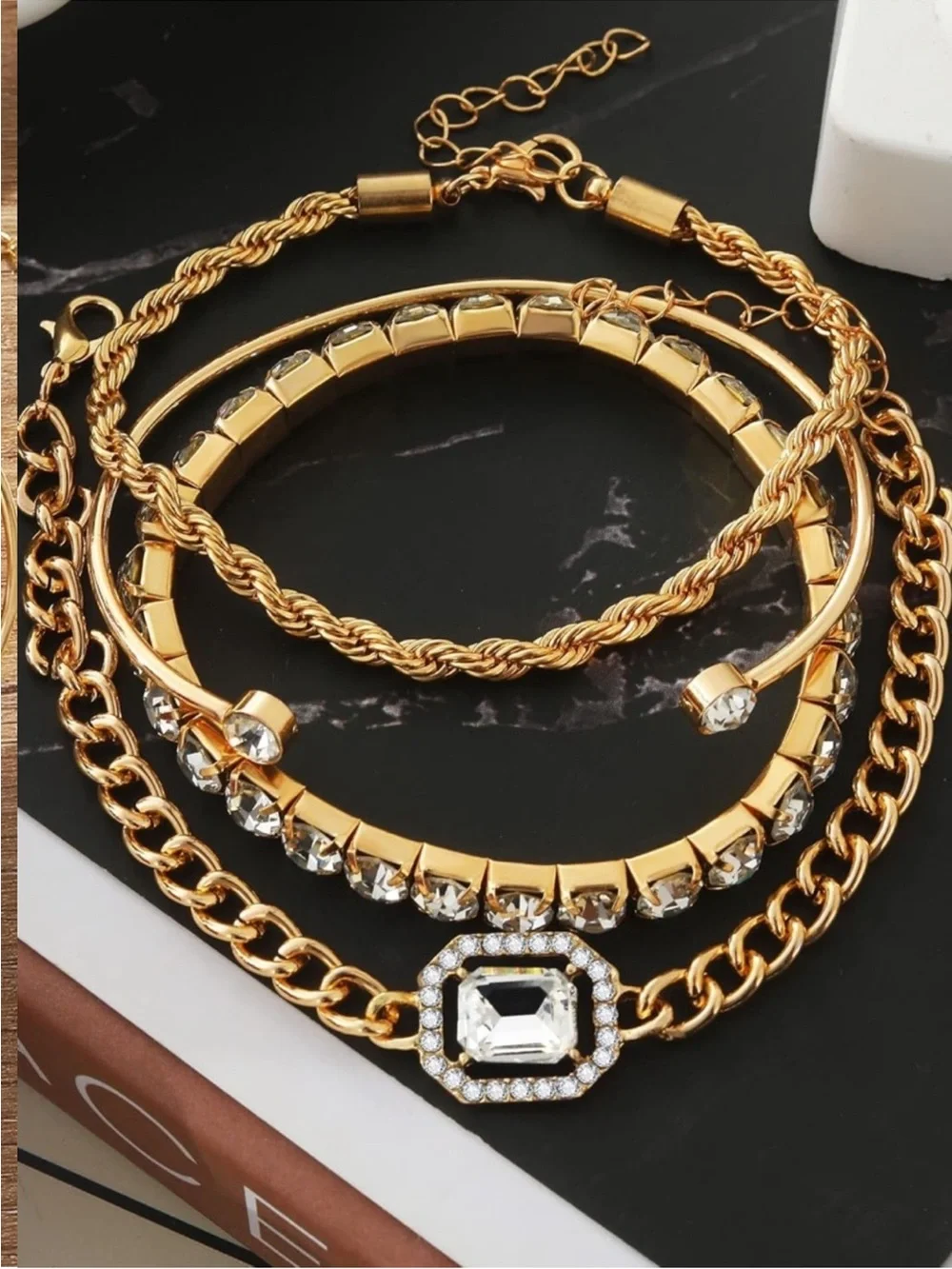 New 24k Gold Plated Crystal 4-Piece Bracelet Stack